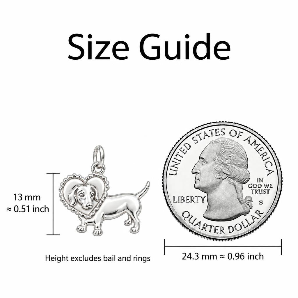 Dachshund Heart Scallop Charm Bracelet – size guide, 13 mm charm next to a quarter