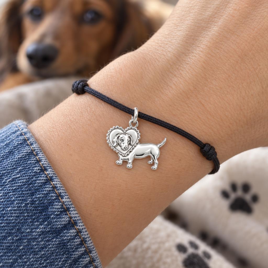 Dachshund Heart Scallop Charm Bracelet – worn on the wrist on a black cord bracelet