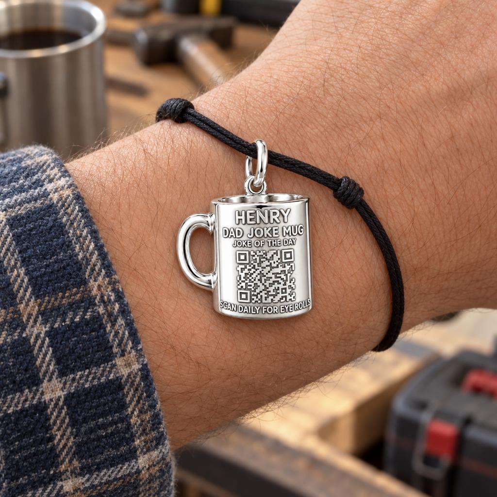 Dad Joke Mug Charm Bracelet – Personalized Dad Gift – worn on the wrist on a black cord bracelet