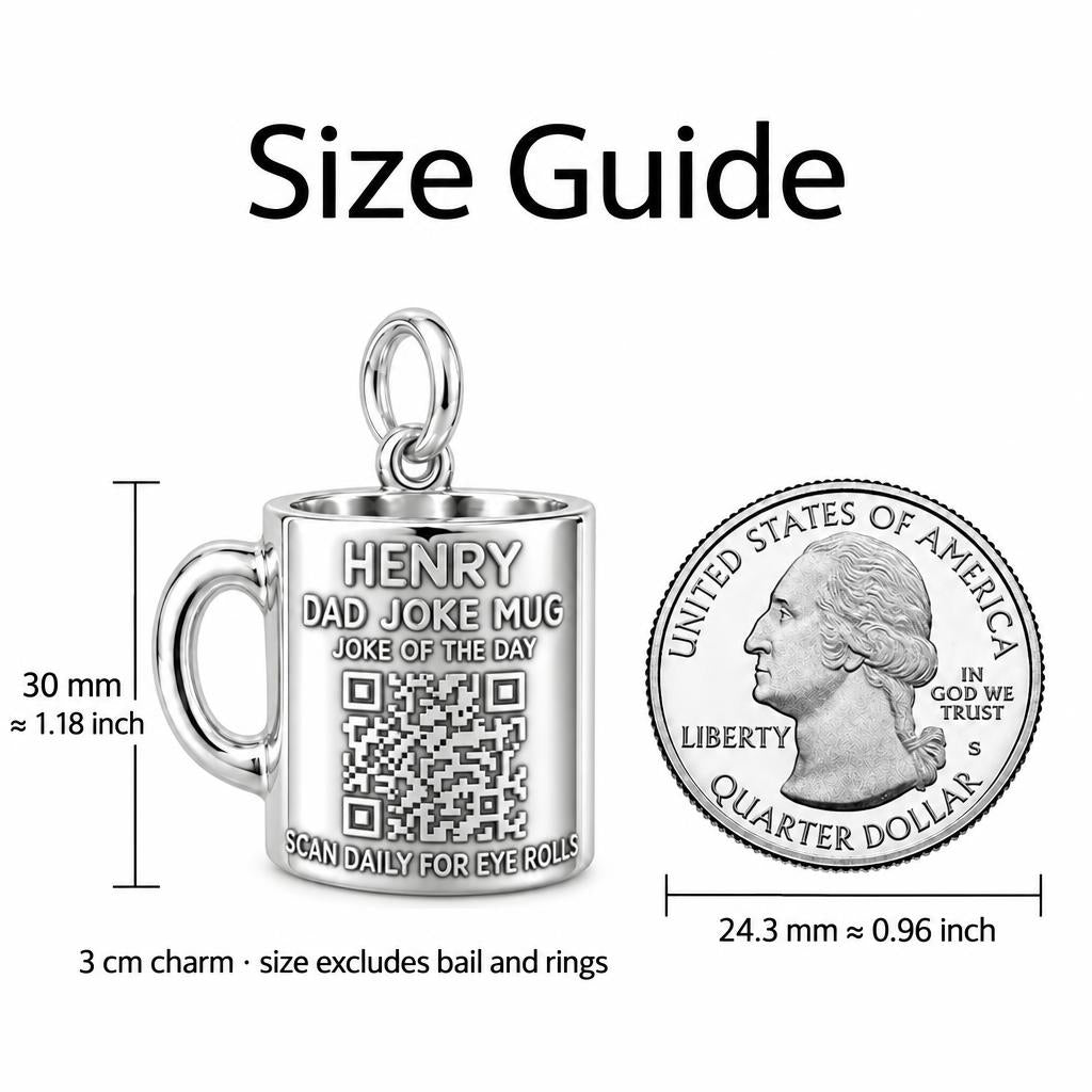 Dad Joke Mug Charm Bracelet – Personalized Dad Gift – size guide, 3 cm charm next to a quarter