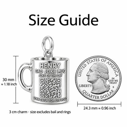 Dad Joke Mug Charm Bracelet – Personalized Dad Gift – size guide, 3 cm charm next to a quarter