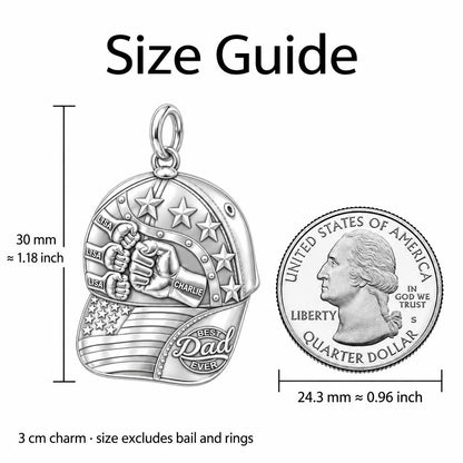 Dad's Team Baseball Cap Charm Bracelet – Personalized Dad Gift – size guide, 3 cm charm next to a quarter