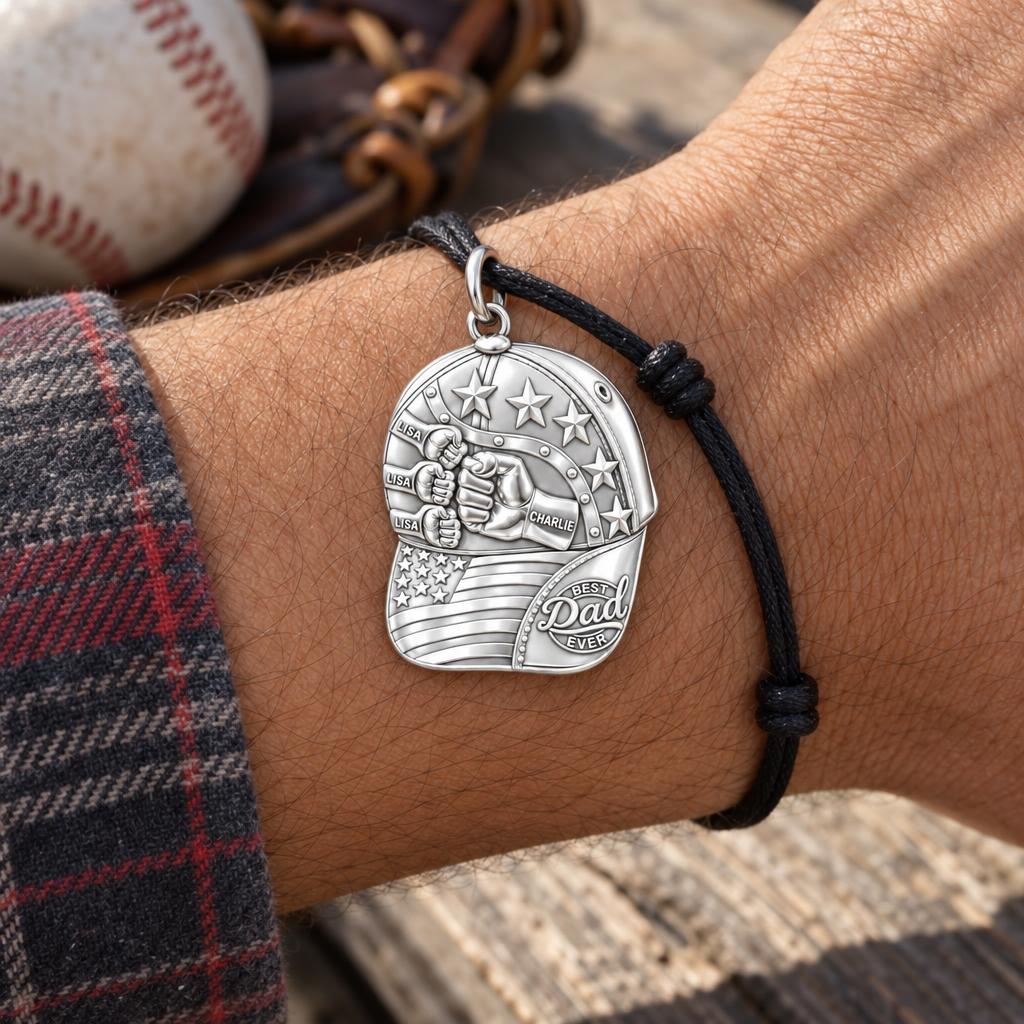 Dad's Team Baseball Cap Charm Bracelet – Personalized Dad Gift – worn on the wrist on a black cord bracelet