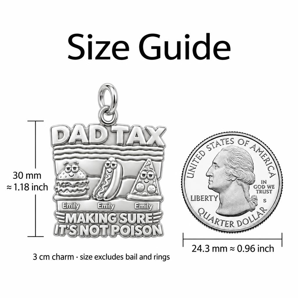 Dad Tax Funny Food Charm Bracelet – Personalized Dad Gift – size guide, 3 cm charm next to a quarter
