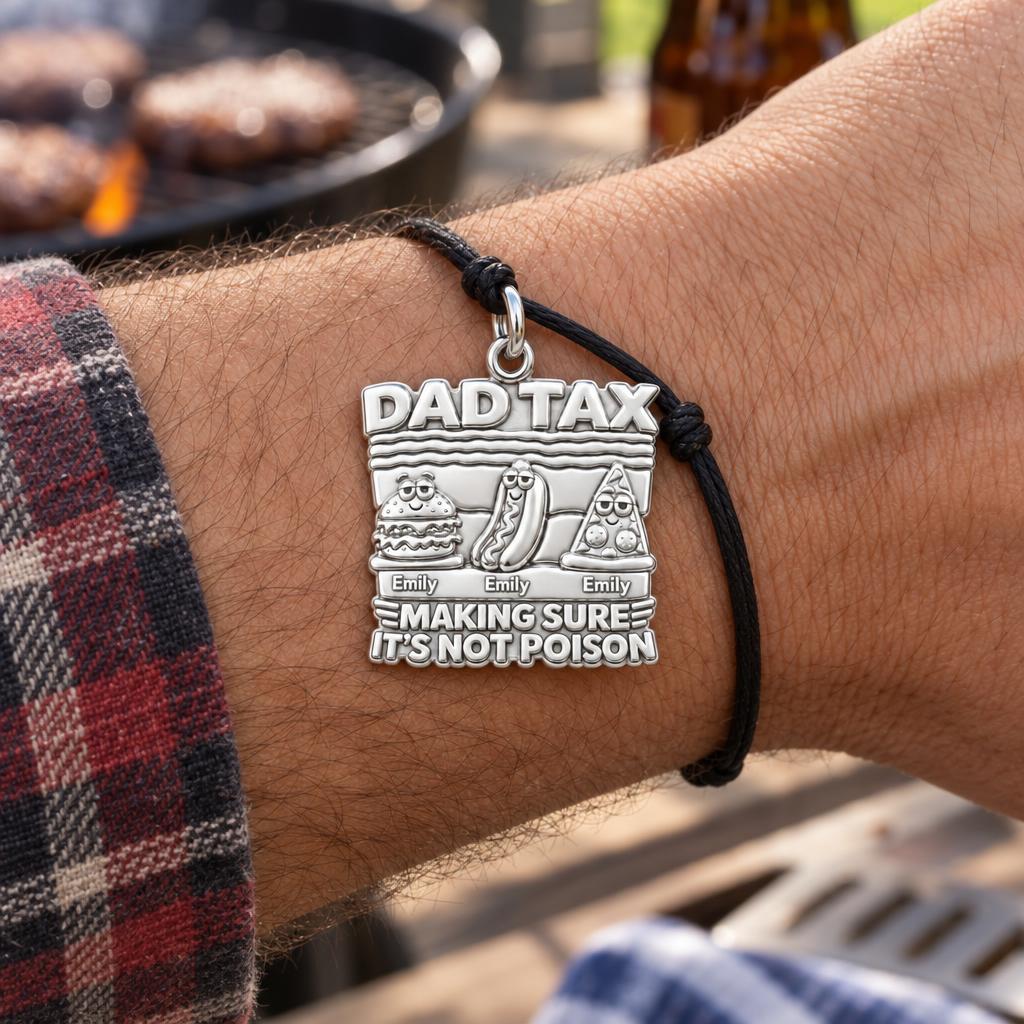 Dad Tax Funny Food Charm Bracelet – Personalized Dad Gift – worn on the wrist on a black cord bracelet