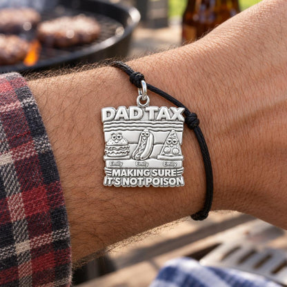 Dad Tax Funny Food Charm Bracelet – Personalized Dad Gift – worn on the wrist on a black cord bracelet