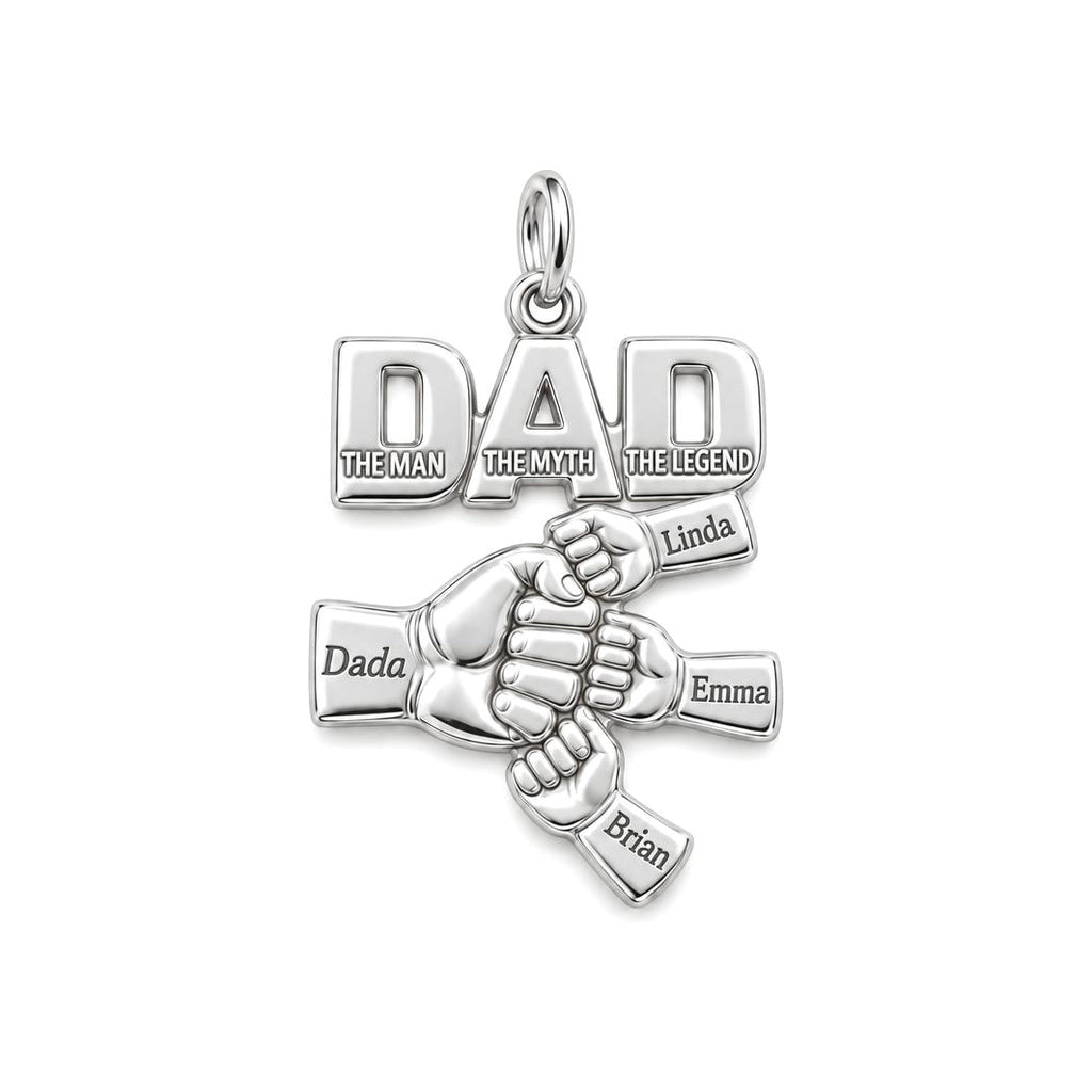 Dad The Legend Fist Bump Charm Bracelet – Personalized Dad Gift – silver plated 3 cm charm, front view