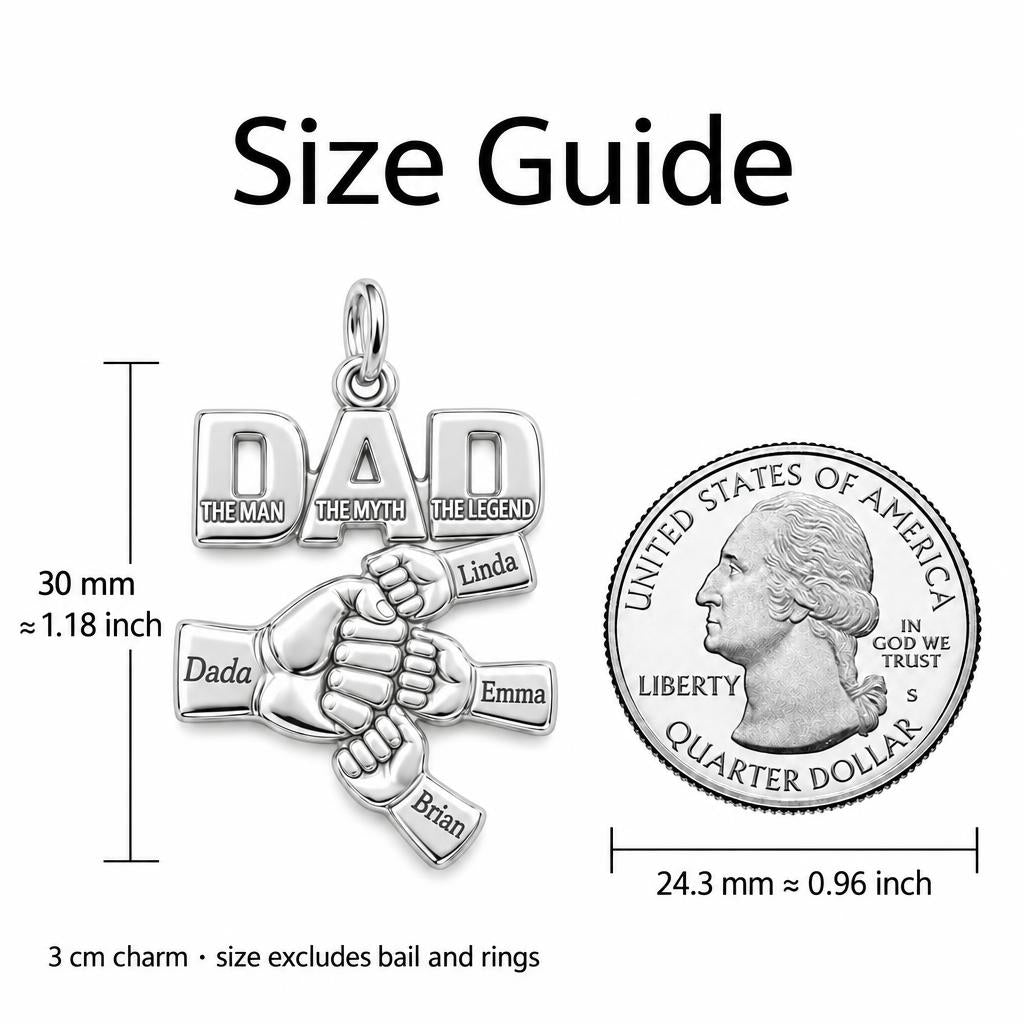 Dad The Legend Fist Bump Charm Bracelet – Personalized Dad Gift – size guide, 3 cm charm next to a quarter