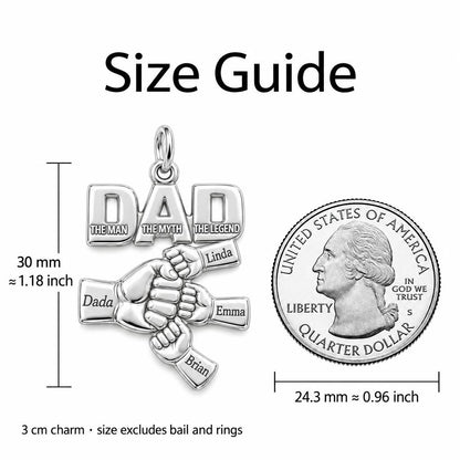 Dad The Legend Fist Bump Charm Bracelet – Personalized Dad Gift – size guide, 3 cm charm next to a quarter
