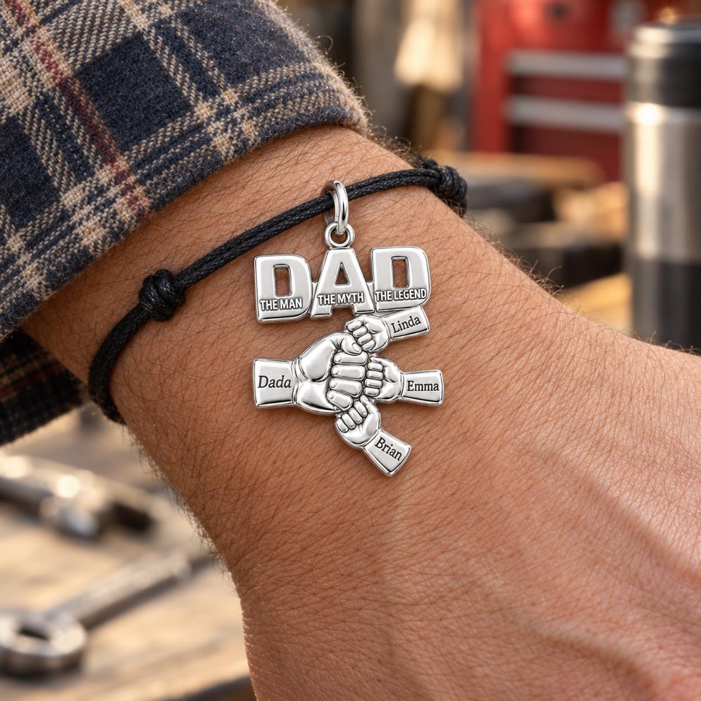 Dad The Legend Fist Bump Charm Bracelet – Personalized Dad Gift – worn on the wrist on a black cord bracelet
