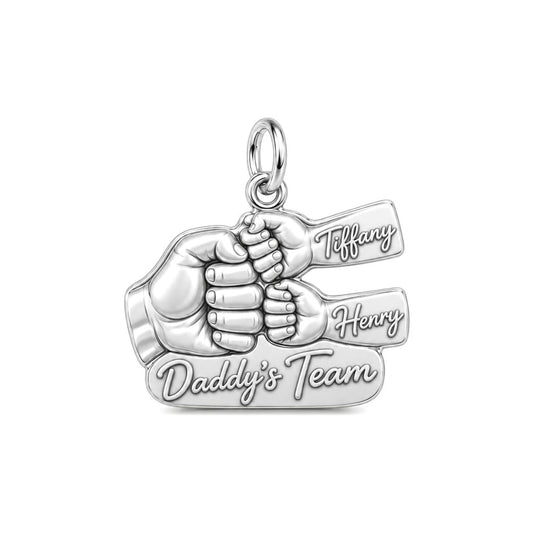Daddy's Team Fist Bump Charm Bracelet – Personalized Dad Gift – silver plated 2 cm charm, front view
