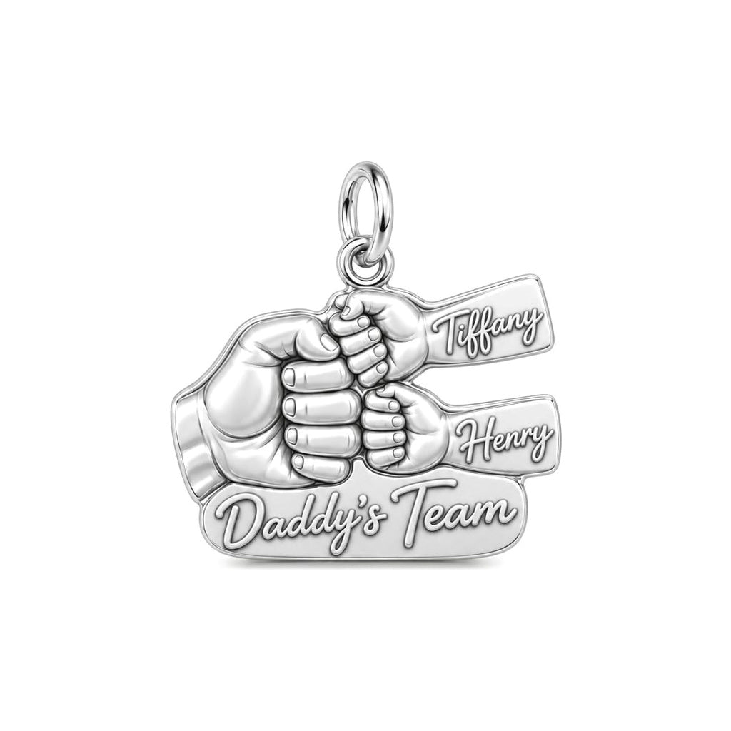 Daddy's Team Fist Bump Charm Bracelet – Personalized Dad Gift – silver plated 3 cm charm, front view