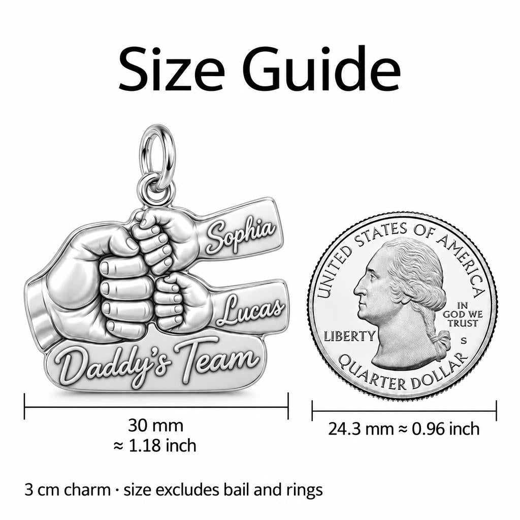 Daddy's Team Fist Bump Charm Bracelet – Personalized Dad Gift – size guide, 3 cm charm next to a quarter