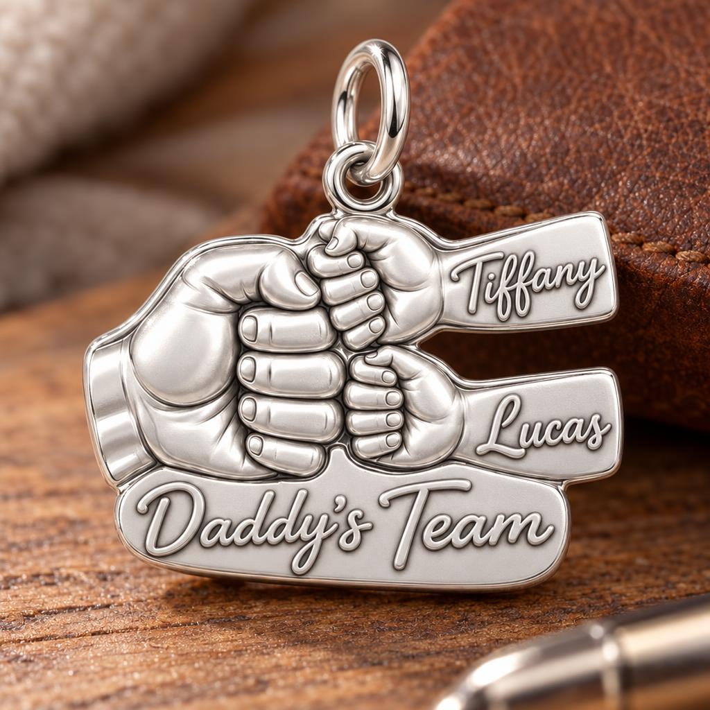 Daddy's Team Fist Bump Charm Bracelet – Personalized Dad Gift – macro detail of the charm