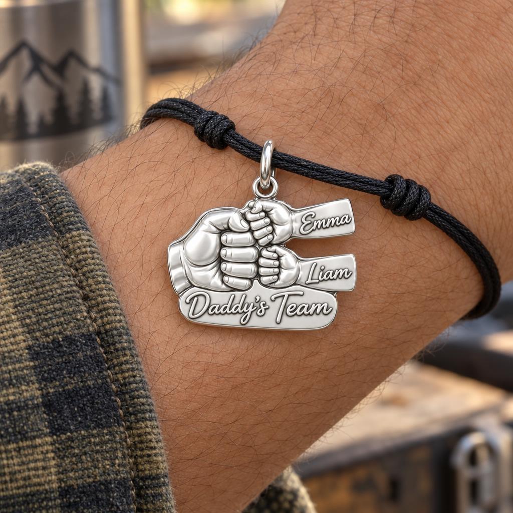 Daddy's Team Fist Bump Charm Bracelet – Personalized Dad Gift – worn on the wrist on a black cord bracelet