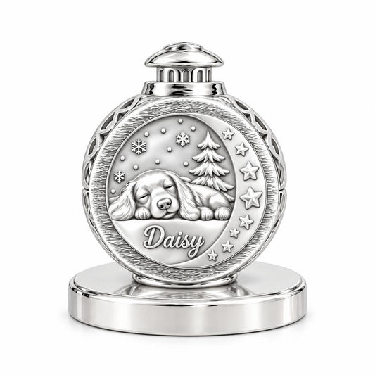 Daisy’s Cozy Winter Lantern Keepsake Plaque – silver, front view