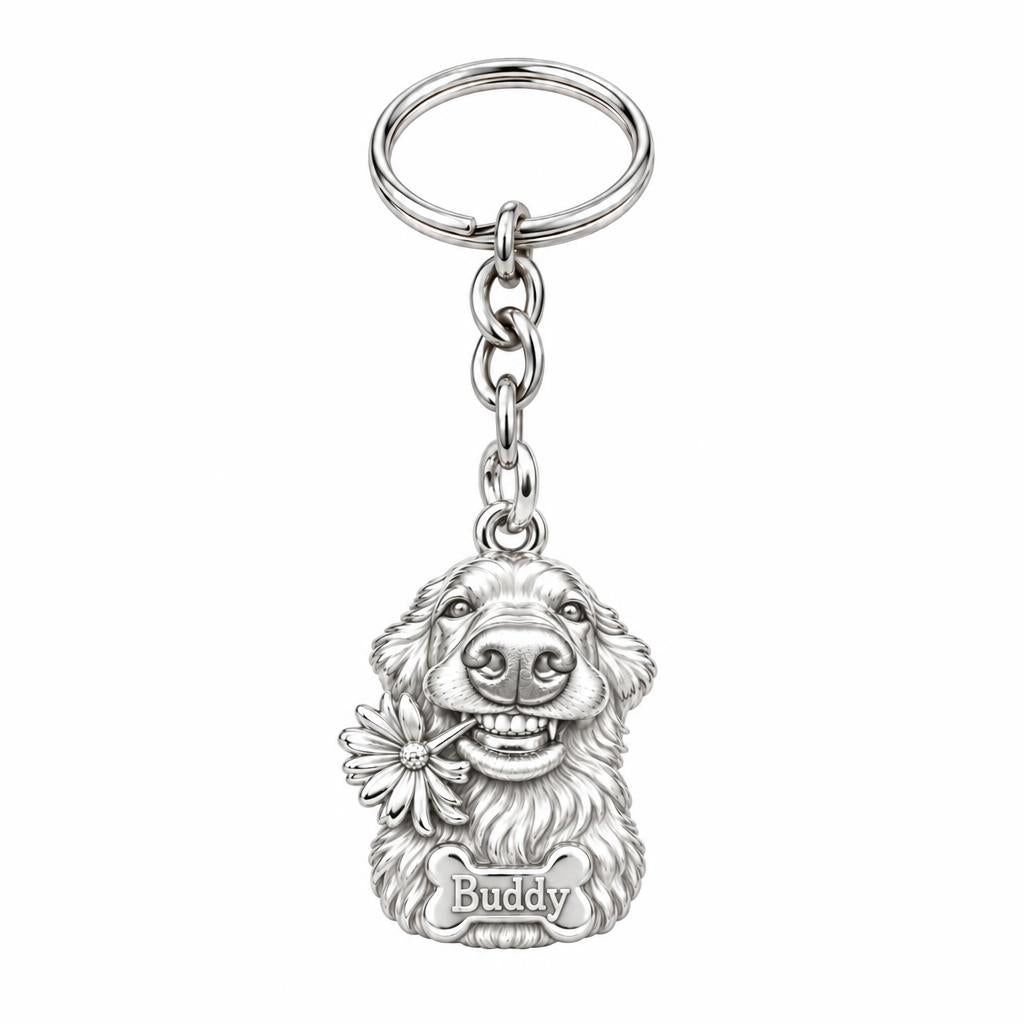 Daisy Smile Dog Charm Keychain – silver, front view