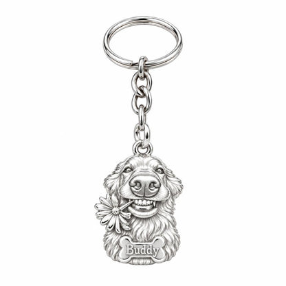 Daisy Smile Dog Charm Keychain – silver, front view