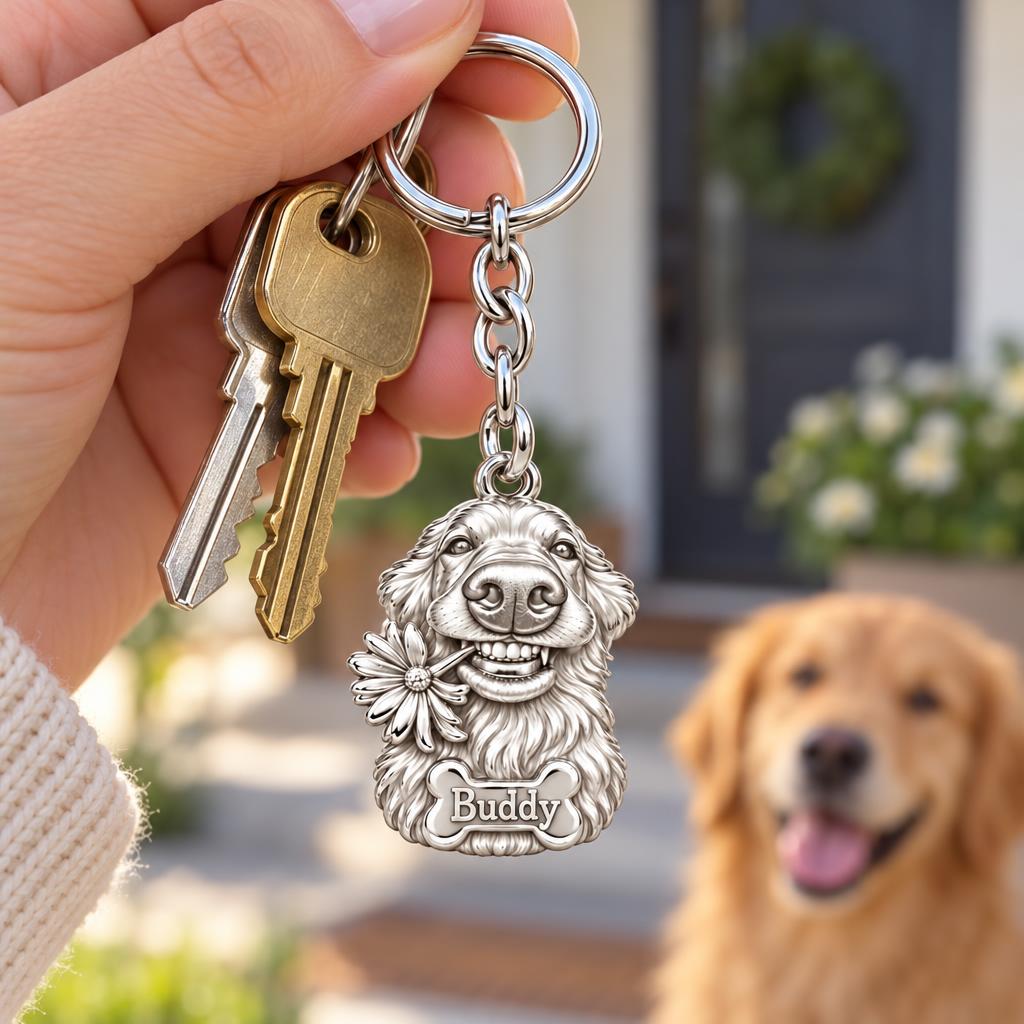 Daisy Smile Dog Charm Keychain – worn / in use