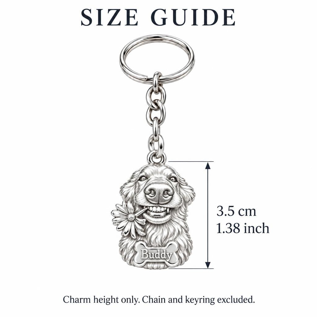 Daisy Smile Dog Charm Keychain – size guide, 3.5 cm (1.38 in) charm, chain and keyring excluded