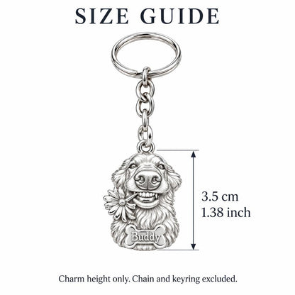 Daisy Smile Dog Charm Keychain – size guide, 3.5 cm (1.38 in) charm, chain and keyring excluded