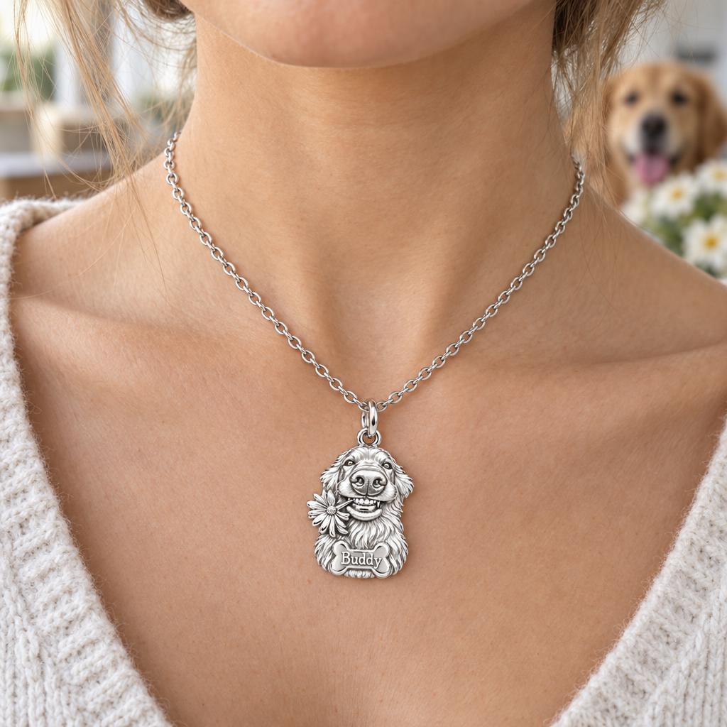 Daisy Smile Dog Charm Necklace Set – worn / in use