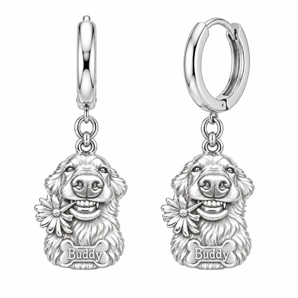 Daisy Smile Dog Huggie Charm Earrings – silver, front view
