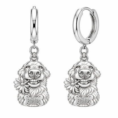 Daisy Smile Dog Huggie Charm Earrings – silver, front view