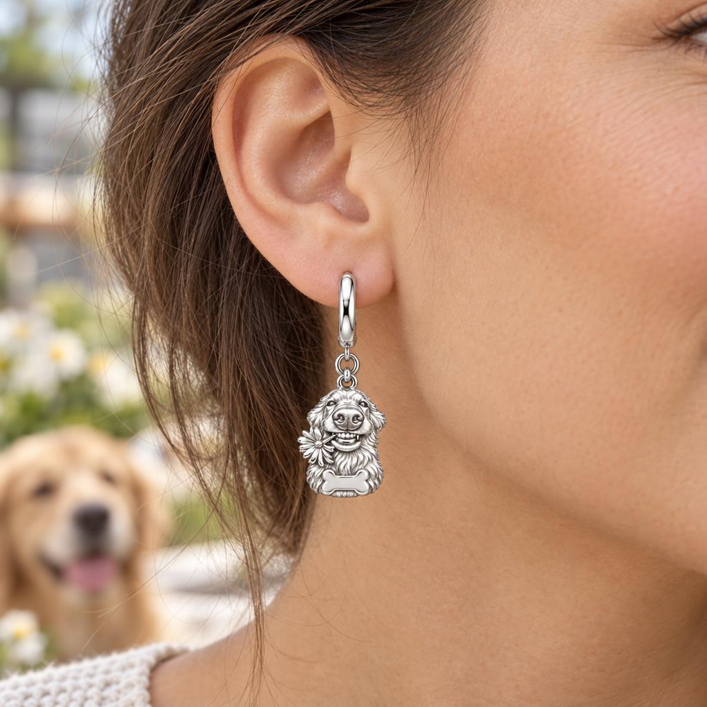 Daisy Smile Dog Huggie Charm Earrings – worn / in use
