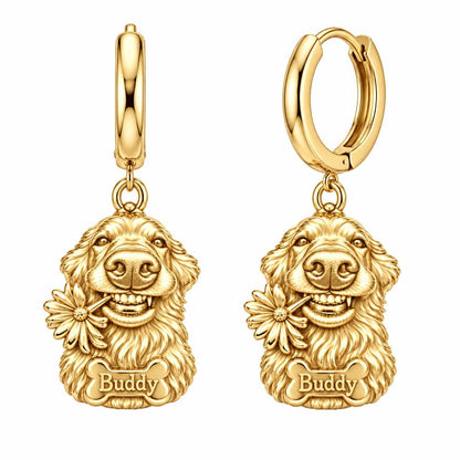 Daisy Smile Dog Huggie Charm Earrings – 18K gold, front view