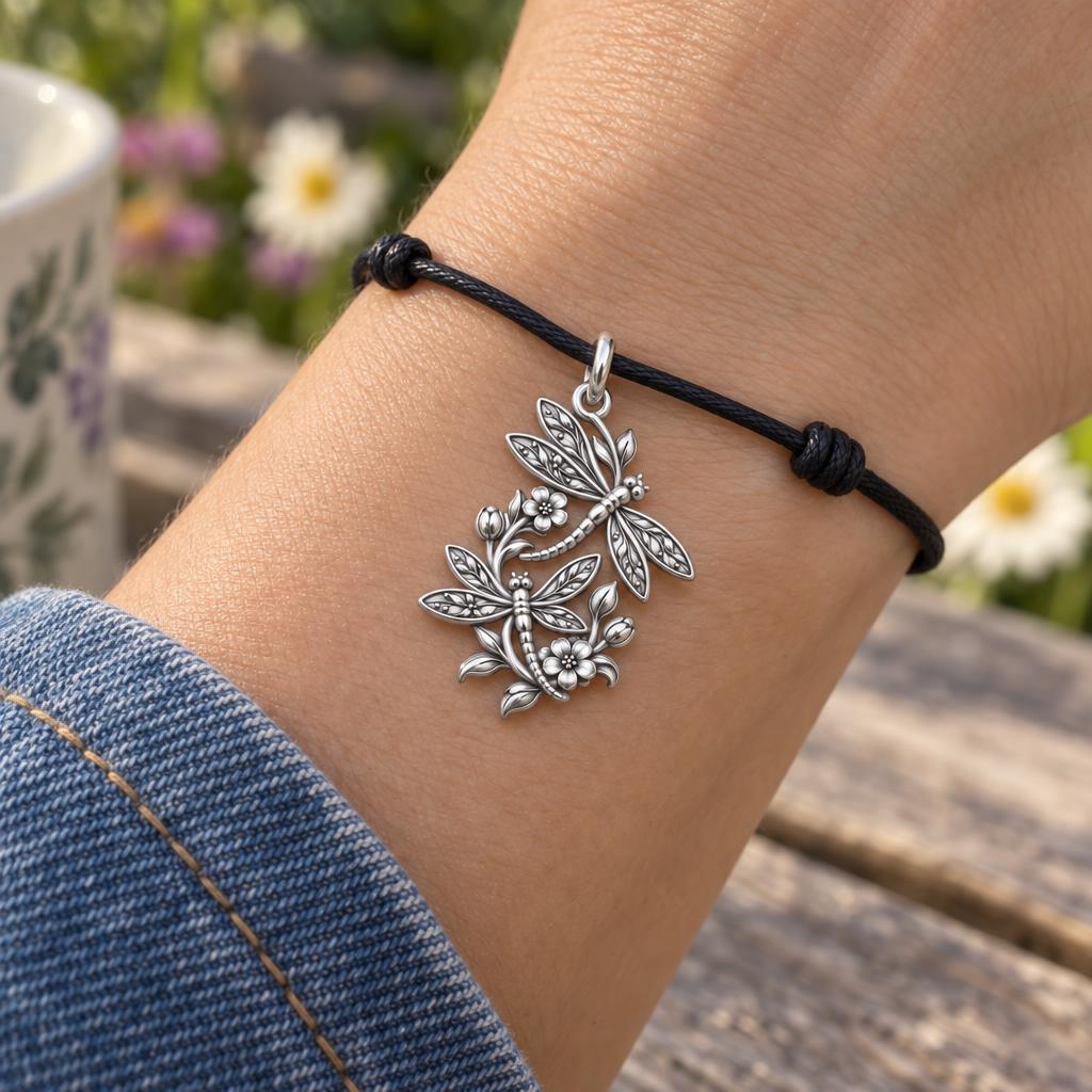 Dancing Dragonfly Garden Charm Bracelet – Personalized Mom Gift – worn on the wrist on a black cord bracelet