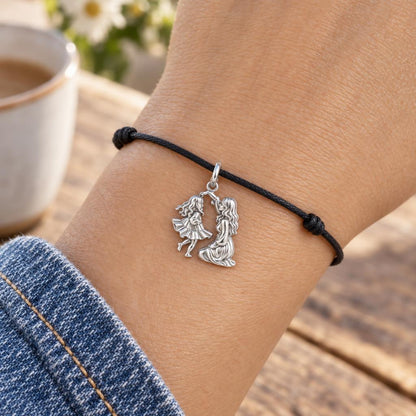 Dancing Together Charm Bracelet – Personalized Mom Gift – worn on the wrist on a black cord bracelet
