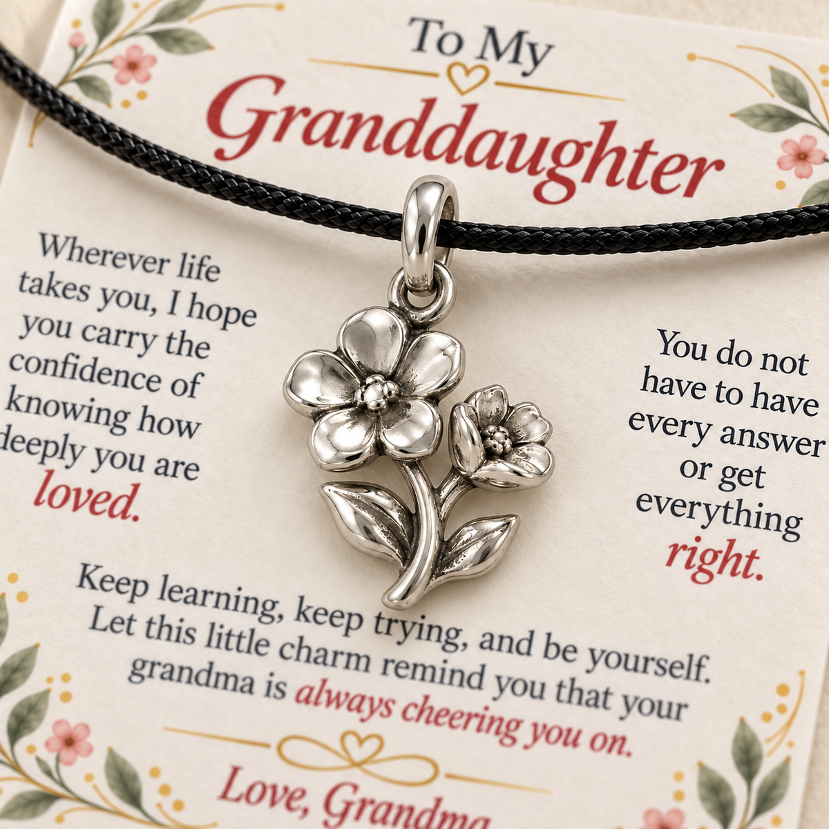 Grandma's Flower Charm: Love That Helps You Bloom — Macro detail, silver finish