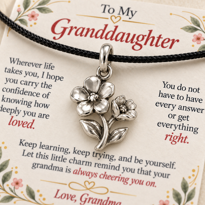 Grandma's Flower Charm: Love That Helps You Bloom — Macro detail, silver finish