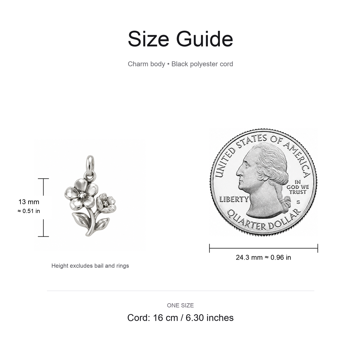 Grandma's Flower Charm: Love That Helps You Bloom — Size guide, 13 mm body and 16 cm cord