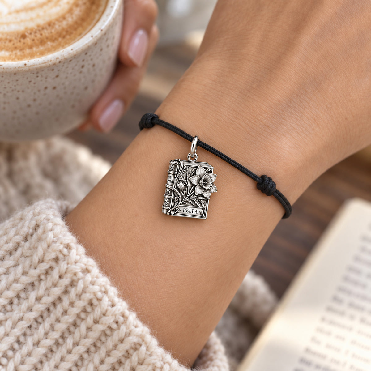 December Narcissus Birth Month Book Charm and Polyester Cord Bracelet Set