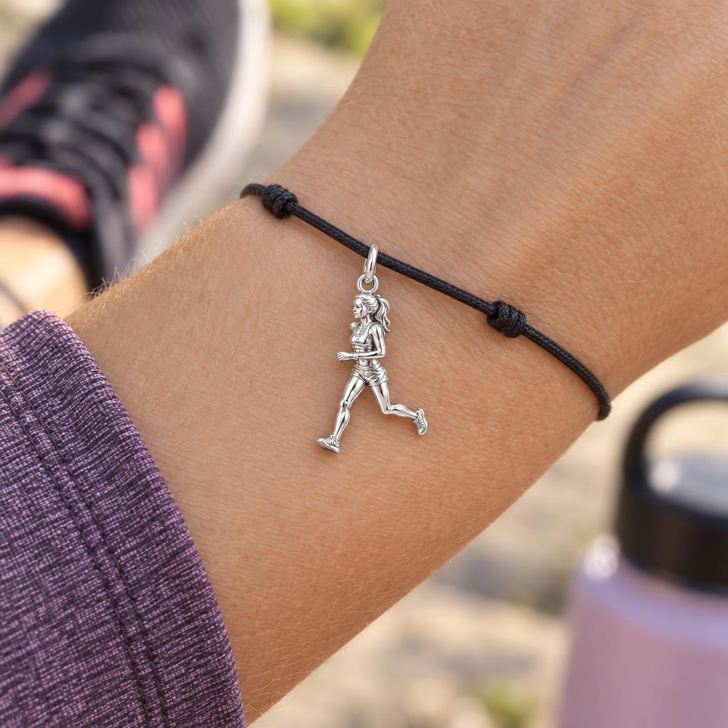 Determined Marathon Runner Charm Bracelet – Personalized Athlete Gift – worn on the wrist on a black cord bracelet