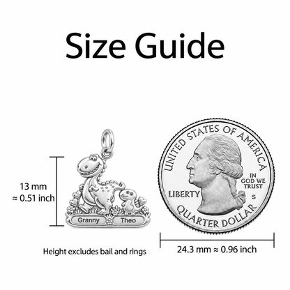 Dino Duo Stroll Charm Bracelet – Personalized Grandma Gift – size guide, 13 mm charm next to a quarter