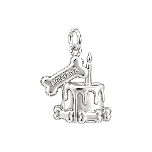 Dog Birthday Cake Charm Bracelet – Personalized Dog Mom Gift – silver charm, front view