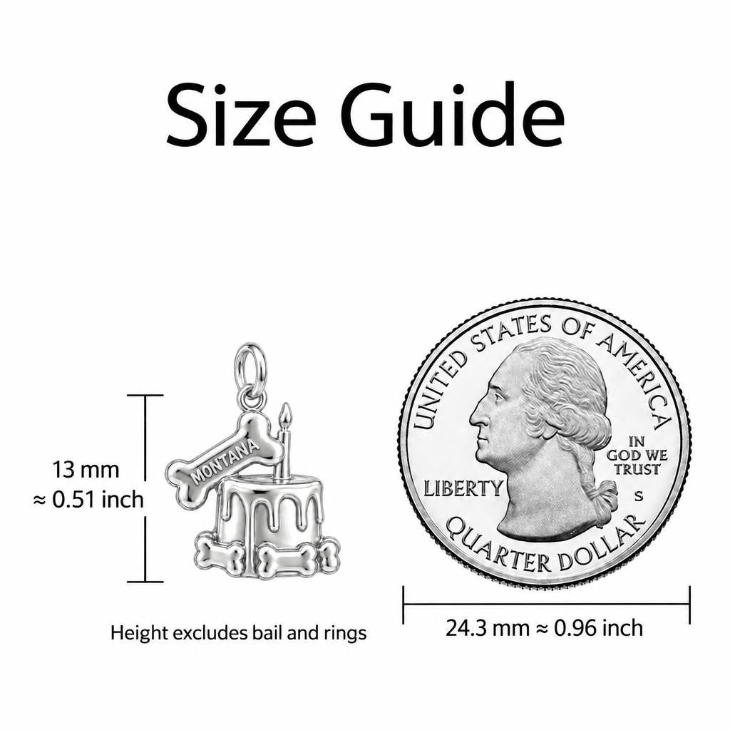 Dog Birthday Cake Charm Bracelet – Personalized Dog Mom Gift – size guide, 13 mm charm next to a quarter