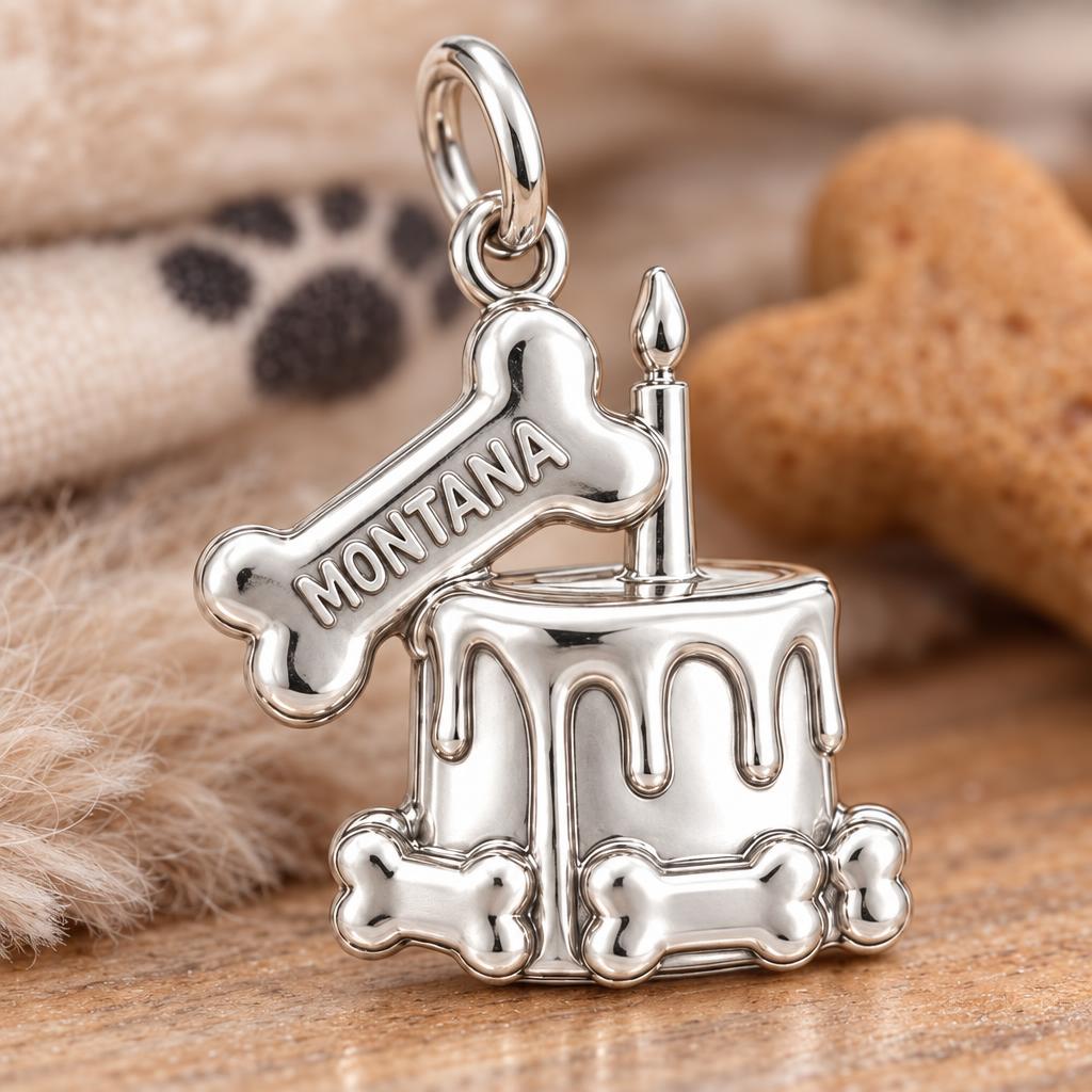 Dog Birthday Cake Charm Bracelet – Personalized Dog Mom Gift – macro detail of the charm