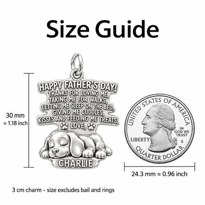 Dog Dad Message Charm Bracelet – Personalized Dad Gift – size guide, 3 cm charm next to a quarter