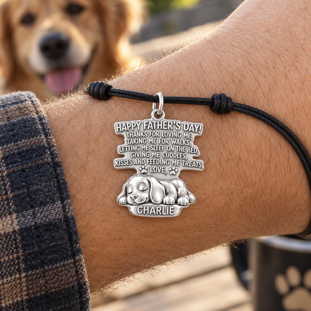 Dog Dad Message Charm Bracelet – Personalized Dad Gift – worn on the wrist on a black cord bracelet