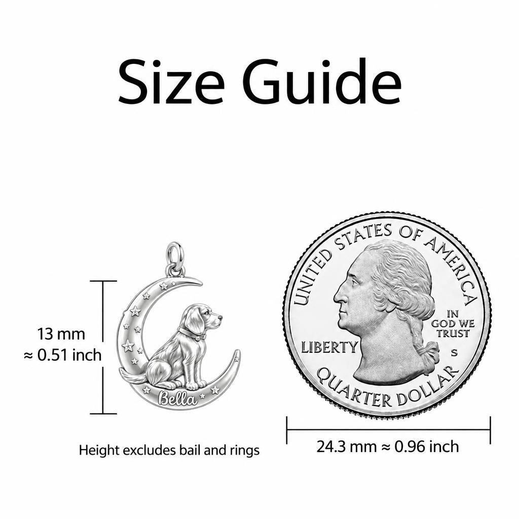 Dog on the Moon Charm Bracelet – Personalized Dog Mom Gift – size guide, 13 mm charm next to a quarter