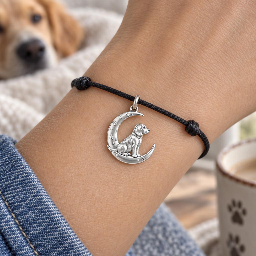 Dog on the Moon Charm Bracelet – Personalized Dog Mom Gift – worn on the wrist on a black cord bracelet