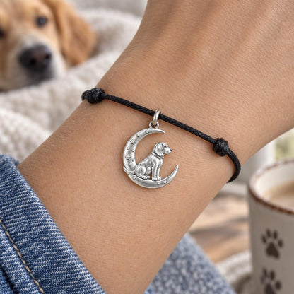 Dog on the Moon Charm Bracelet – Personalized Dog Mom Gift – worn on the wrist on a black cord bracelet