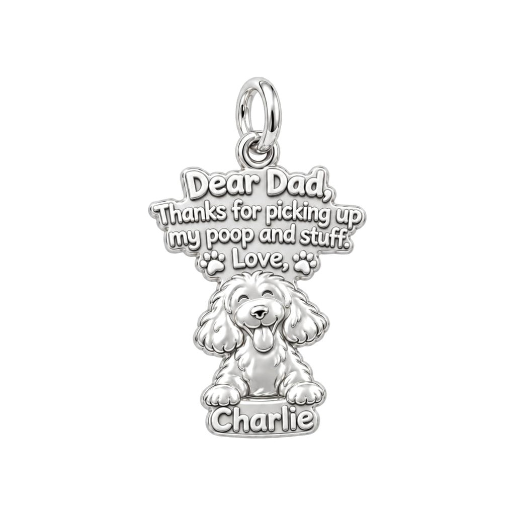 Dog Thank You Note Charm Bracelet – Personalized Dad Gift – silver plated 2 cm charm, front view
