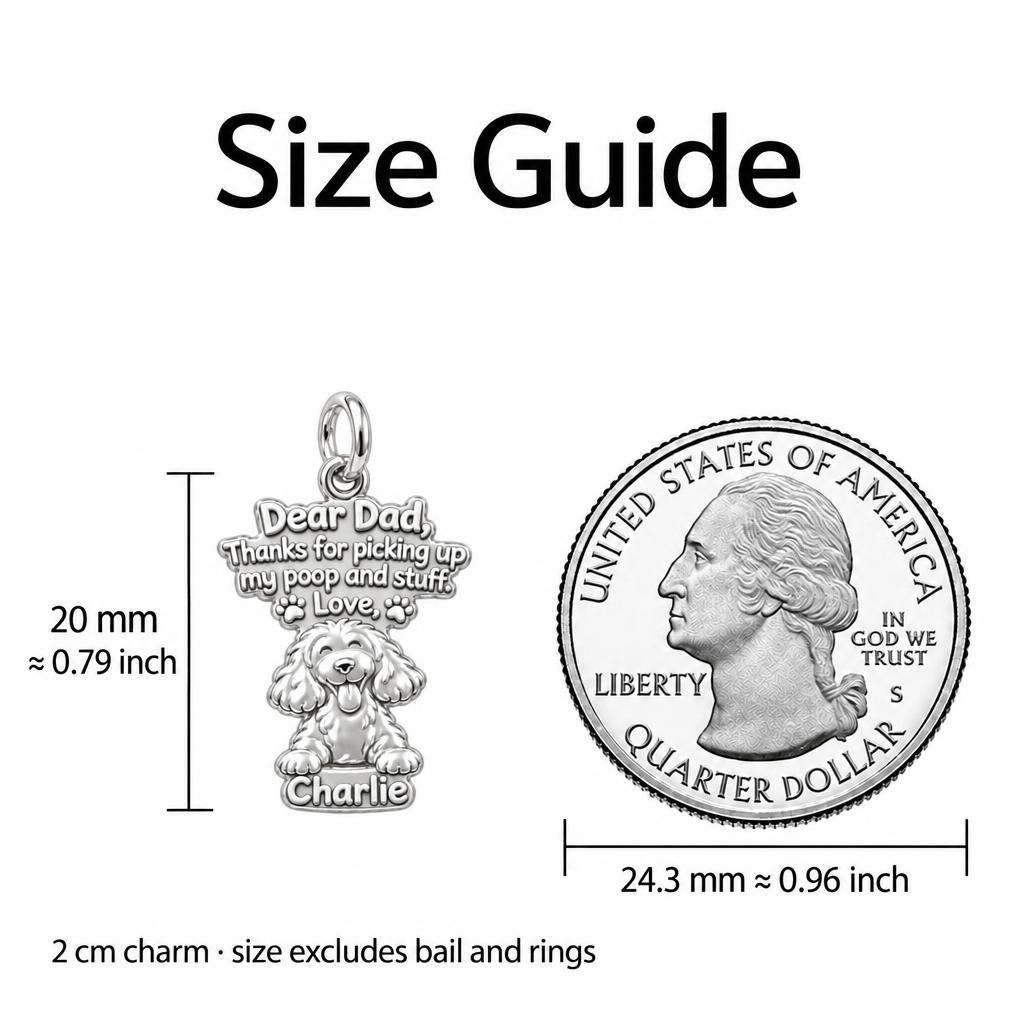 Dog Thank You Note Charm Bracelet – Personalized Dad Gift – size guide, 2 cm charm next to a quarter