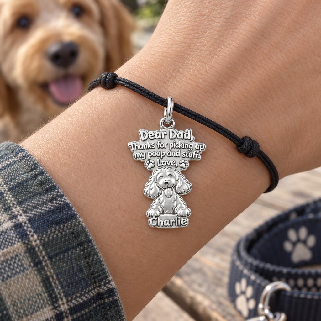 Dog Thank You Note Charm Bracelet – Personalized Dad Gift – worn on the wrist on a black cord bracelet