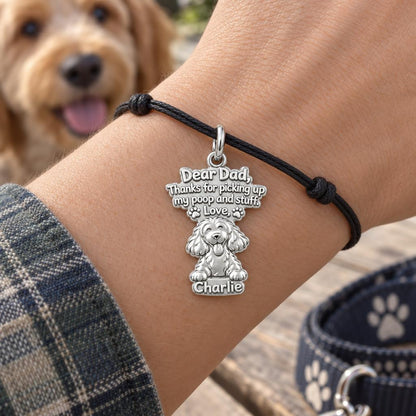 Dog Thank You Note Charm Bracelet – Personalized Dad Gift – worn on the wrist on a black cord bracelet